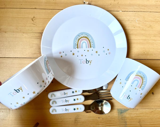 Personalised Children's Dinner Set with Blue Rainbows - Plate / Bowl / Cup / Cutlery Set for Kids Personalised with Name