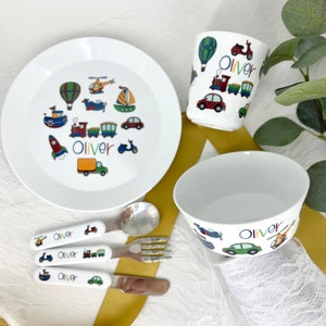 Personalised Children's Dinner Set with Transport Theme Bowl / Cup / Cutlery Set for Kids Personalised with Name image 8