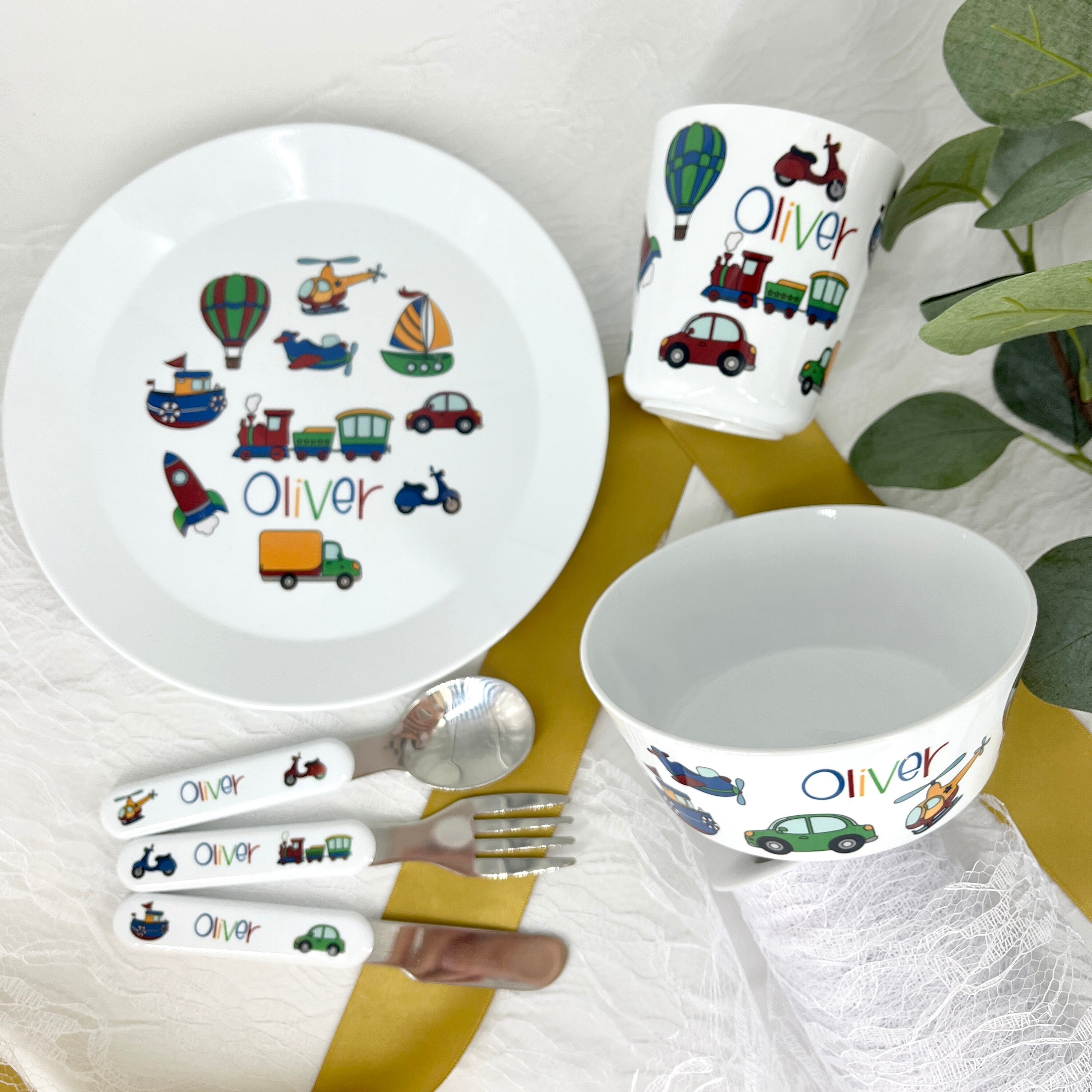 Personalised Children s Dinner Set With Transport Theme Bowl Cup