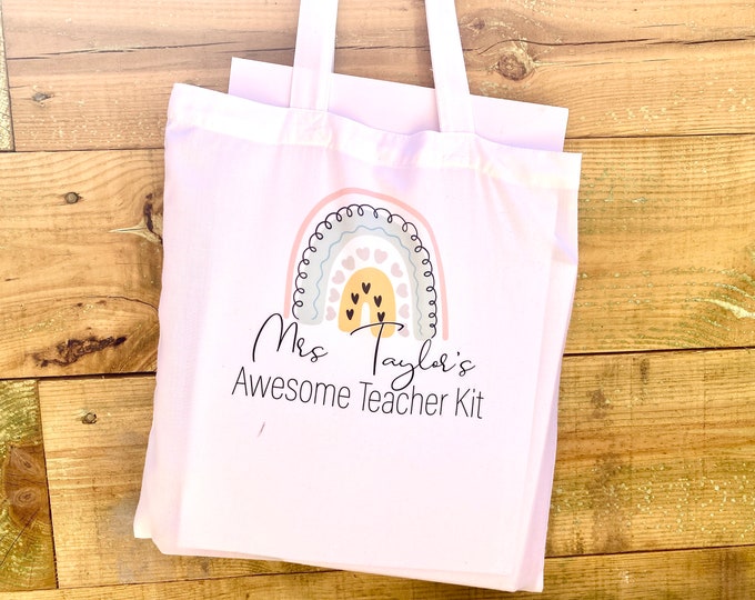 Custom Teacher Tote Bag - Rainbow Print Personalised Shopper Bag Present for Teacher - End of Term Teacher Appreciation Gift