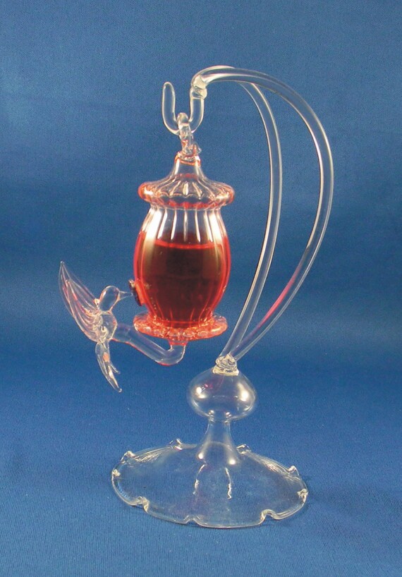 Hand Blown Glass Hummingbird Feeder With Glass Stand 7 Etsy