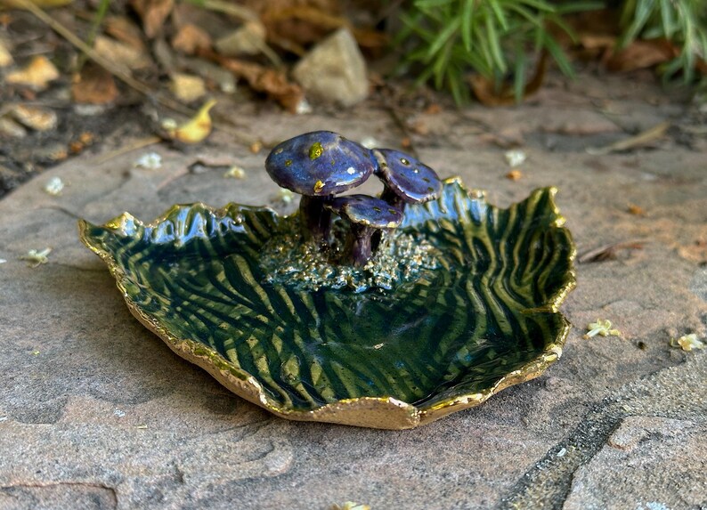 Green Purple Gold Mushroom Ring Dish Wedding Ring Holder Bride Jewelry