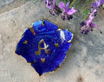 Blue Ring Dish, Handmade Ceramic Jewelry Holder, Monogrammed 22K Gold, Gift for the Groom