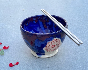 Ceramic Lotus Flower Noodle Bowl,  Handmade Soup Bowl, Kitchen Pottery Bowl, Rice Bowl, Ramen Lover Gift