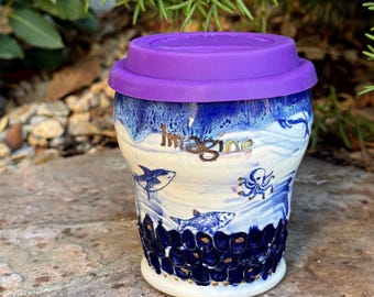 Handmade Ceramic Travel Mug with Lid, Ocean Decal, Imagine, 11oz