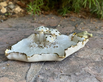White and Gold Mushroom Ring Dish, Unique Handmade Ring Dish, Mother’s Day Gift, Bride to Be Gift