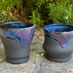Drippy Black Clay Cup Set, Ceramic Teacup Set, Whiskey Tumbler, Handmade Ceramic Cups, Gift for Him