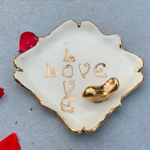 Ceramic Love Bird Ring Dish: Handmade Pottery Jewelry Holder with Gold Accents