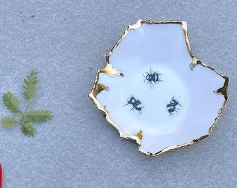 White and Gold Honey Bee Ring Dish, Handmade Pottery Jewelry Plate, Unique Birthday Gift for Her