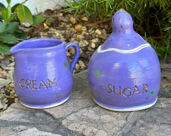 Purple Gold Handmade Sugar Bowl and Creamer Handmade Ceramic Cream and Sugar Jar Ceramic Sugar Bowl and Creamer Housewarming Gift for Mom