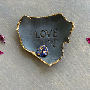 Handmade Black Clay Ring Dish: Gold Overglaze, &#39;Love&#39; Inscription
