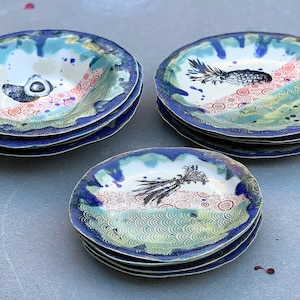 Handmade Ceramic Dinnerware Set for 4: Vegetable Illustration Pottery