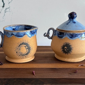 Handmade Celestial Pottery Cream and Sugar Set: Blue Ceramic