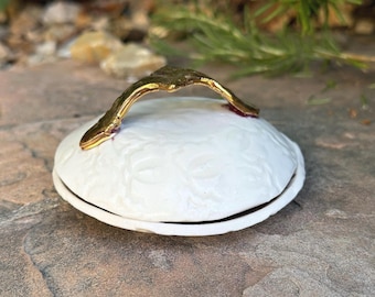 Ceramic Covered Ring Dish, Handmade Red White and Gold Jewelry Box, Trinket Dish, Jewelry Gift