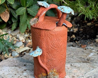 Handmade Ceramic Mushroom Sugar Bowl: Red-Brown Clay Kitchen Container