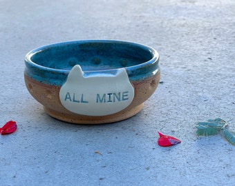 Handmade Ceramic Cat Bowl: Blue Glazed Pottery Pet Dish