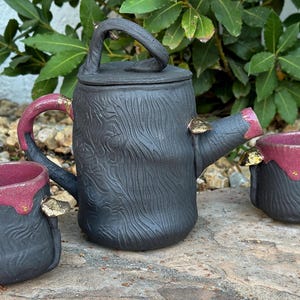 Handmade Black Clay Teapot Set: Mushroom & Gold Accent Teacup
