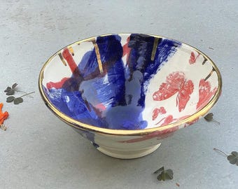 Red White and Blue Butterfly Bowl for Soup Salad Cereal Rice or Noodles, Handmade Ceramic Dinnerware Serving Dish
