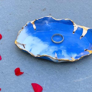 Ceramic Blue and Gold Ring Dish, Handmade Marble Ring Dish with Gold Rim, Unique Wedding Ring Holder