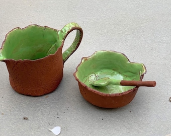 Handmade Ceramic Cream and Sugar Set: Green Glazed Pottery, Farmhouse Pottery