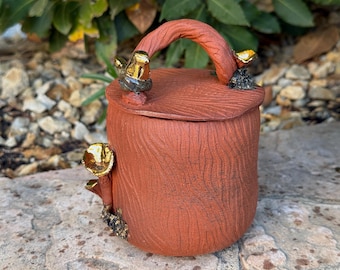 Ceramic Mushroom Sugar Bowl with Bird, Handmade Pottery, Kitchen or Bathroom Jar, Salt Cellar