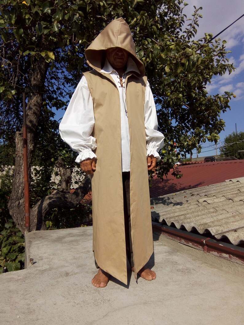 Surcoat Men Medieval Cloak Cosplay Kaftan LARP Hooded Cape Festival Clothing Burning Man Vest