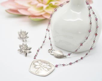 Lotus sterling silver necklace Garnet balls and earrings Set, Lotus Pendant sterling silver necklace earrings Set, Lotus flower jewelry Set