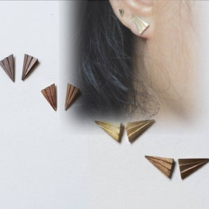 Triangle Gold Brass Bronze sterling Silver earrings Lined Geometric, minimalist Arrow copper stud earrings, Daily gold bronze stud earrings