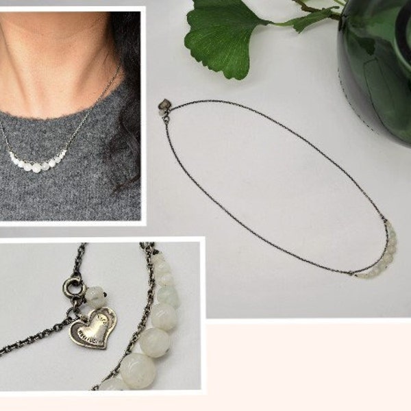 Maansteen ketting bolletjes, Geoxideerd zilver ketting, Minimalist natuurlijk edelstenen ketting, Tiny Dagelijks vintage ketting