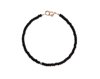 Simple Matte Black & 14K Gold Filled Beaded Bracelet - Black Seed Bead Bracelet, Matte Black Beaded Bracelet, Simple Beaded Bracelet