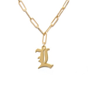 The Rectangle Link x Old English Initial Necklace (14K Gold Filled) - Letter Necklace, Initial Necklace, Alphabet Necklace, Paper Clip Chain