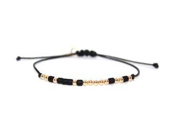 FOREVER // Two-toned Beaded Morse Code Bracelet (14k Gold Filled + Matte Black) - Forever Bracelet, Forever Morse Code Bracelet