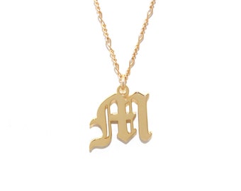 The Old English Initial + Figaro Chain Necklace (14K Gold Filled) - Letter Necklace, Initial Necklace, Alphabet Necklace, Custom Necklace