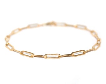 Elongated Rectangle Link Chain Bracelet (14K Gold Filled) - Gold Paper Clip Bracelet, Rectangle Chain Bracelet, Simple Gold Chain Bracelet