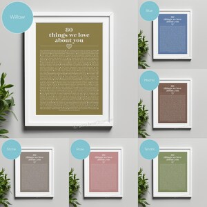 May include: A set of 10 printable art prints featuring a list of 80 things we love about you. The prints are available in 10 different colors: Willow, Blue, Mocha, Stone, Rose, Tendril, and more.