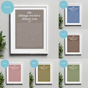 May include: A set of ten printable 8x10 inch digital art prints featuring a list of 60 things we love about you. The prints are available in ten different colours: Stone, Rose, Willow, Tendril, Blue, Mocha, and more.