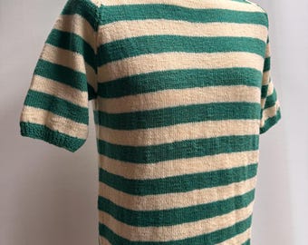 Vintage 50’s Style Handknit Striped Short Sleeve Sweater - Wool Blend - Made in Scotland - Green & Cream  -  Size M