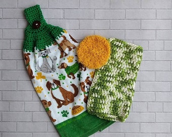 St. Patrick's Tea towel set, READY-TO-SHIP, housewarming gift kitchen decor towel for stove 100% cotton handmade crochet, shamrock, green