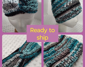 Winter set, READY-TO-SHIP, multi colored,aqua, gray, women's hat, ear warmer, fingerless Gloves, texting gloves, gift