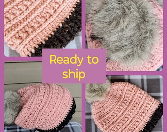 Winter hat, READY-TO-SHIP, pink, woman's hat, faux fur, textured winter hat, handmade, crochet, knit