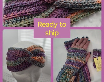 Winter set, READY-TO-SHIP, Purple, women's hat, ear warmer, fingerless Gloves, texting gloves, gift