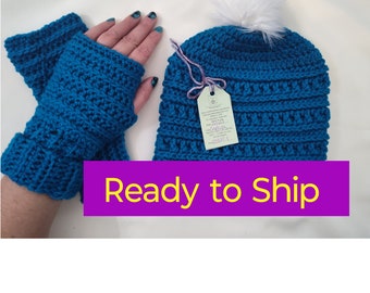Winter set, READY-TO-SHIP, sapphire, women's hat, blue, fingerless Gloves, texting gloves, gift, faux fur