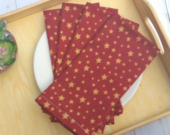 Cloth napkins, 4 dinner napkins, ready-to-ship, eco-friendly, green living, frugal, reusable, red, gold, stars, house warming, bridal shower