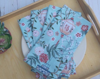 Cloth napkins, 4 dinner napkins, ready-to-ship, eco-friendly, green living, frugal, reusable, aqua, far east,house warming, bridal shower,