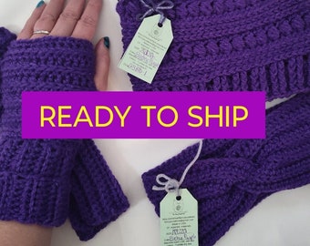 Winter set, READY-TO-SHIP, Purple, women's hat, ear warmer, fingerless Gloves, texting gloves, gift