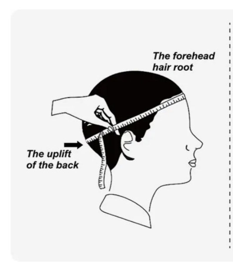 Puede incluir: Dibujo lineal que muestra c&oacute;mo medir una cabeza para el tama&ntilde;o de la peluca. Una mano sostiene una cinta m&eacute;trica alrededor de una cabeza, con etiquetas que indican "The forehead hair root" y "The uplift of the back."