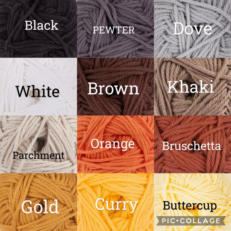 Puede incluir: Un collage de muestras de hilo en varios colores, incluyendo negro, peltre, paloma, blanco, marr&oacute;n, caqui, pergamino, naranja, bruschetta, oro, curry y bot&oacute;n de oro. Cada color est&aacute; etiquetado con su nombre en texto blanco.