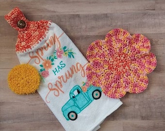 Spring Tea towel set, READY-TO-SHIP, housewarming gift kitchen decor towel for stove 100% cotton handmade crochet, orange, peach, yellow