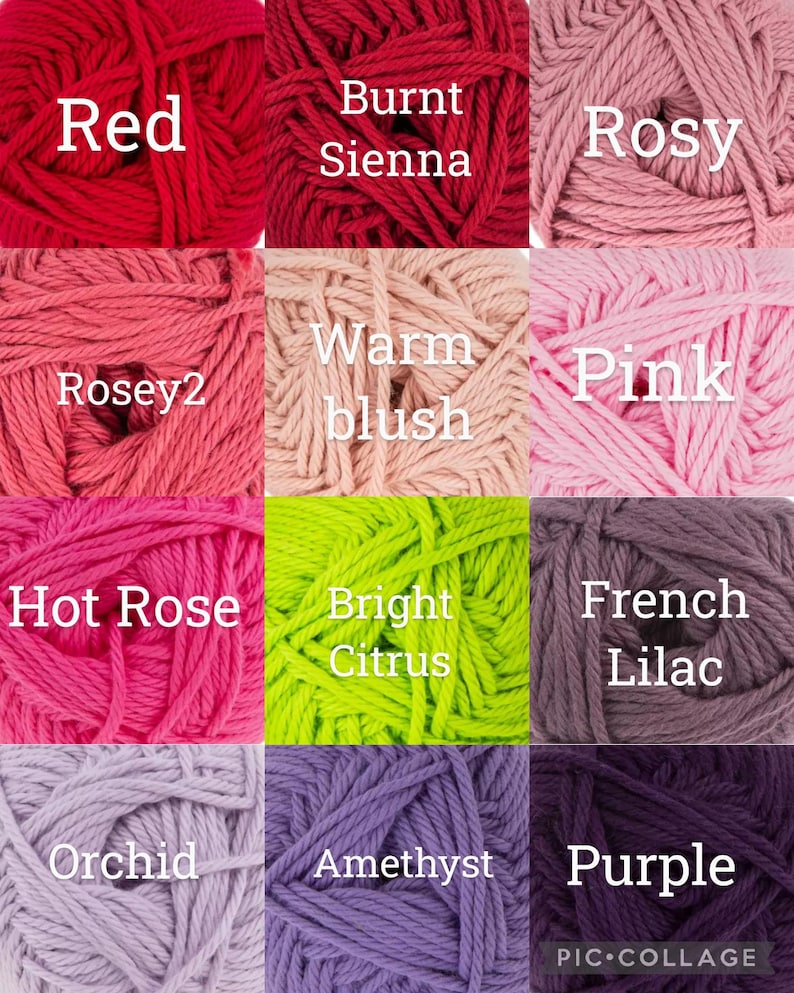Puede incluir: Un collage de nueve madejas de hilo en varios colores, incluyendo rojo, rosa, morado y verde. Cada madeja est&aacute; etiquetada con su nombre de color, como "Red", "Rosy" y "Bright Citrus".