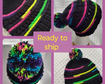 Winter hat, READY-TO-SHIP, black, neon, women's hat, ear warmer, fingerless Gloves, texting gloves, gift